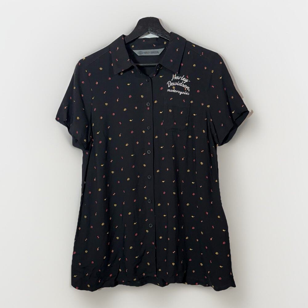 Harley Davidson Women's Short Sleeve Button Up Shirt Top S Black Skull Tie Front